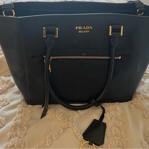 Prada Black Leather Tote with Gold Accents